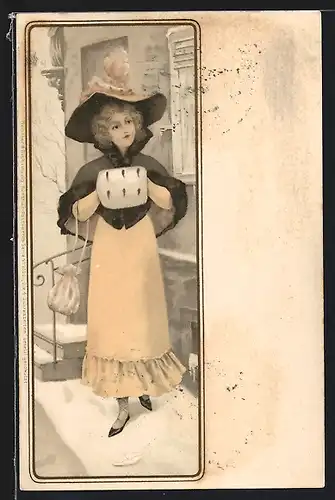 AK schönes Fräulein mit Muff und Hut vor einem Haus stehend, Jugendstil