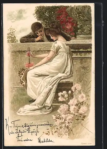 Lithographie Junges Paar und Rosen, Jugendstil