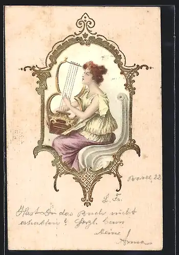 Präge-Lithographie Junge Dame mit Harfe, Jugendstil