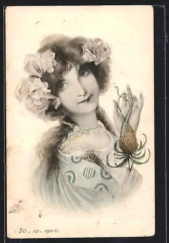 AK Junge Dame mit Rosen im Haar, Jugendstil
