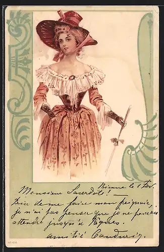 Lithographie Dame mit Wespentaille, Jugendstil