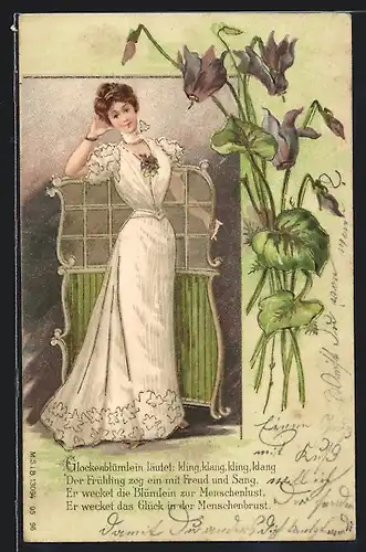 Lithographie Junge Frau in weissem Kleid mit violetter Blume, Jugendstil