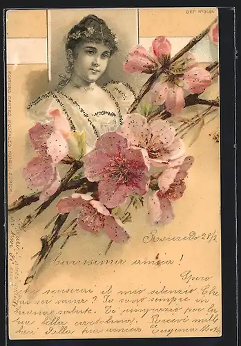 Lithographie Junge Dame vor Blütenzweig, Jugendstil