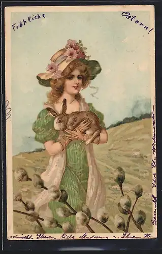 Lithographie Junge Dame mit Hase, Ostergruss, Jugendstil