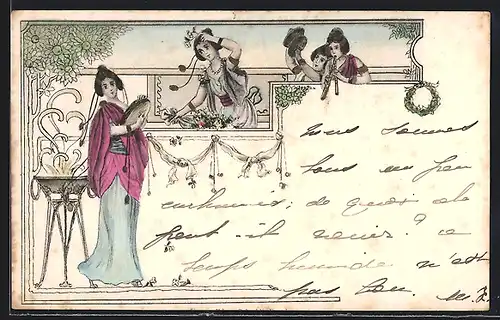 AK Junge Mädchen in antiken Gewändern beim Musizieren, Jugendstil