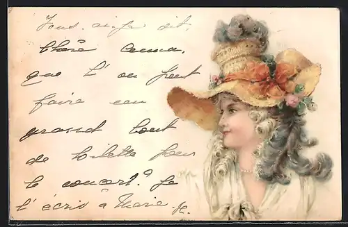 Lithographie Junge Dame mit Locken und Hut, Jugendstil