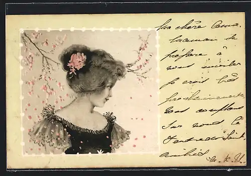 Lithographie Junge Dame unter Blütenzweigen, Jugendstil