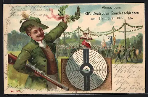 Lithographie Hannover, Deutsches Bundesschiessen 1903, Schütze mit Schiessscheibe vor festlichem Aufmarsch