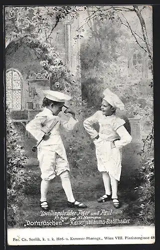Künstler-AK Charles Scolik: Die Theaterschauspieler Peter und Paul in Dörnröschen als Kl. Beer und Kl. Hermann