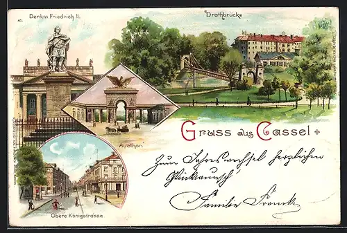 Lithographie Cassel, Drahtbrücke und Denkmal Friedrich II.