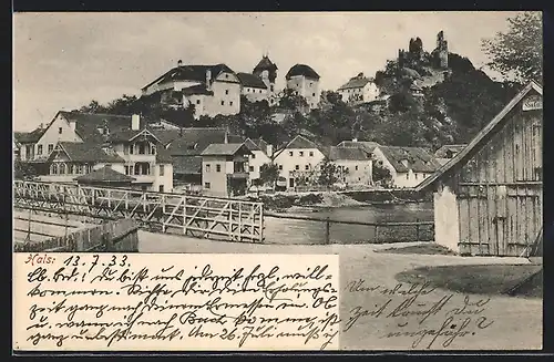 AK Hals, Ortsansicht mit Brücke und Ruine