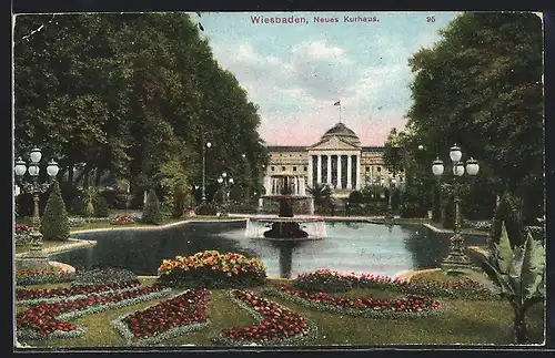 AK Wiesbaden, Neues Kurhaus mit Teich