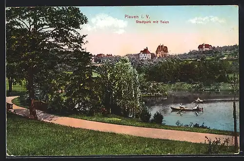 AK Plauen, Stadtpark mit Teich, Ruderboote auf dem Teich
