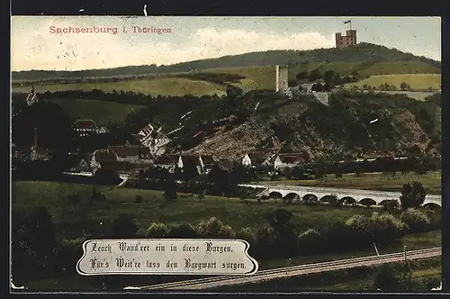 AK Sachsenburg /Th., Ortsansicht mit Burg und Viadukt