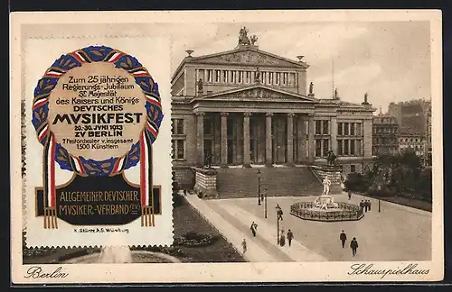 AK Berlin, Schauspielhaus, mit Reklamemarke des Deutschen Musikfestes 1913