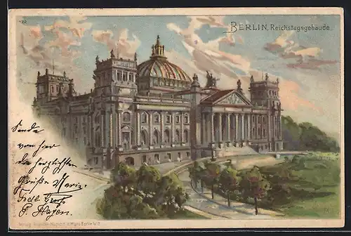 Lithographie Berlin-Tiergarten, Reichstagsgebäude um 1900