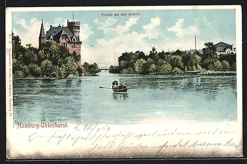 AK Hamburg-Uhlenhorst, Partie an der Alster, Ruderboot