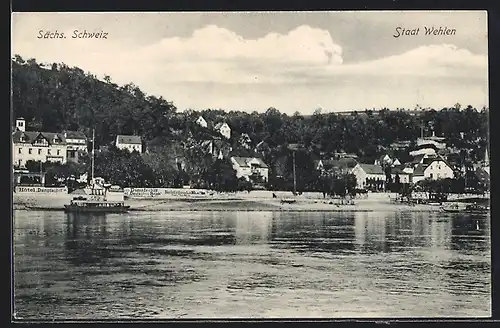 AK Wehlen /Sächs. Schweiz, Ortsansicht vom Wasser aus