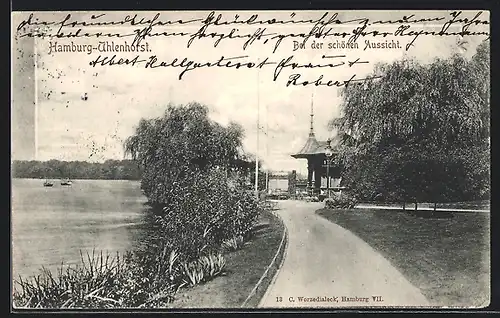 AK Hamburg-Uhlenhorst, Gaststätte Schöne Aussicht mit Weg am Wasser