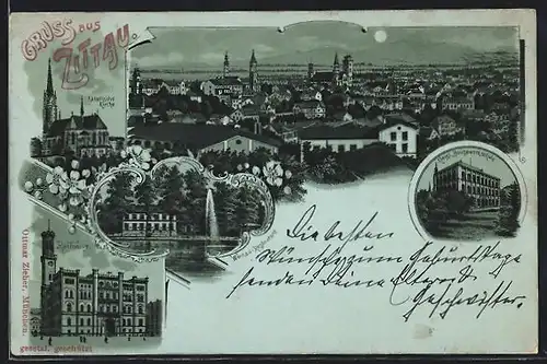 Mondschein-Lithographie Zittau, Katholische Kirche, Rathaus, Weinau-Restaurant, Königl. Baugewerkschule