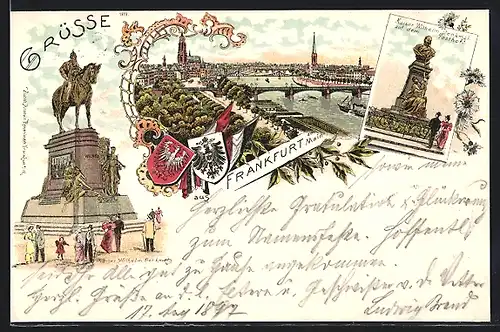 Lithographie Frankfurt, Kaiser Wilhelm-Denkmal auf dem Posthof, Panoramablick auf die Stadt und den Main