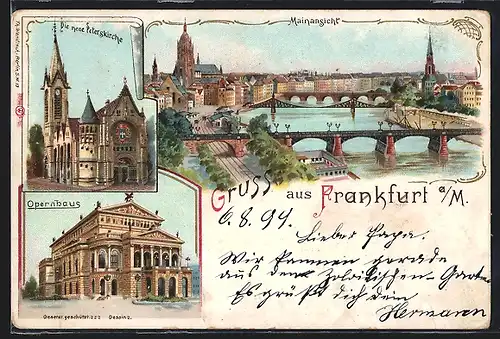 Lithographie Frankfurt /Main, neue Peterskirche, Opernhaus, Mainansicht