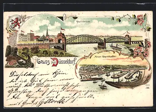 Lithographie Düsseldorf, Neuer Rheinhafen, Rheinbrücke