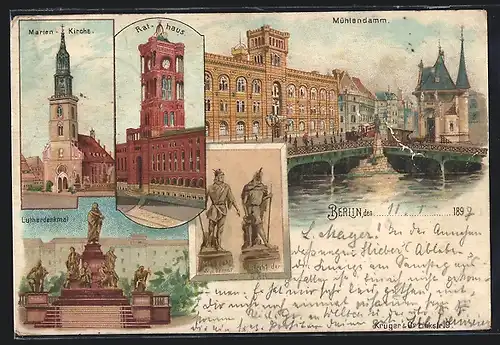 Lithographie Berlin, Rotes Rathaus, Marien-Kirche, Lutherdenkmal, Mühlendamm, Neuer Markt