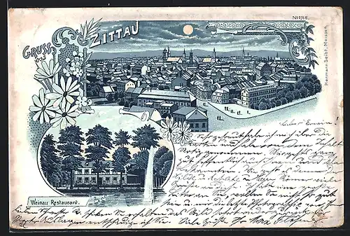 Lithographie Zittau, Weinau Restaurant, Totalansicht aus der Vogelschau
