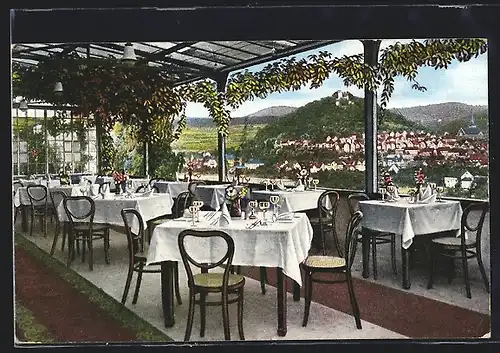 AK Biedenkopf, Durchblick durch die Terrasse des Hotels Berggarten