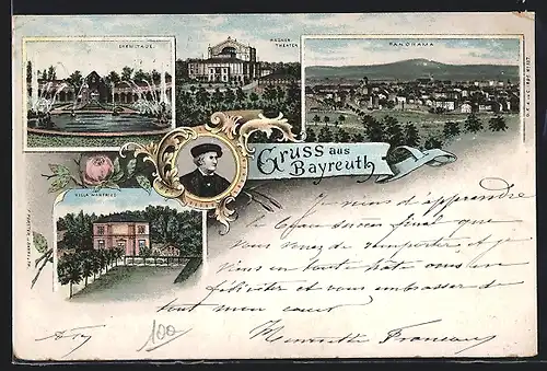 Lithographie Bayreuth, Wagner-Theater, Villa Wanfried, Eremitage, Panorama