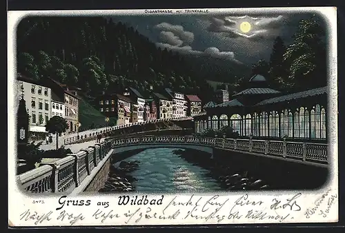 Lithographie Bad Wildbad, Olgastrasse mit Restaurant Trinkhalle