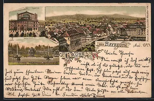 Lithographie Bayreuth, Gesamtansicht, Theater & Eremitage