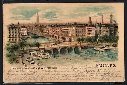 Lithographie Hamburg, Reesendammsbrücke und Alsterarkaden