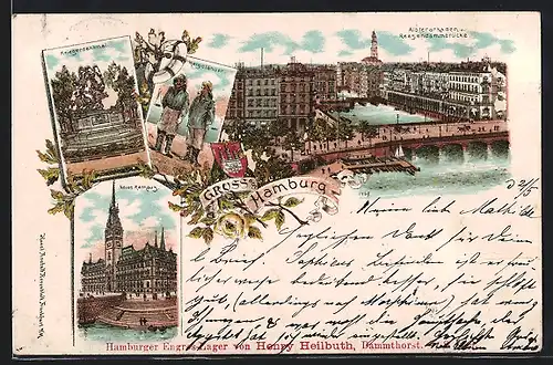Lithographie Hamburg, Ortsansicht Alsterarkaden Reegendammbrücke, Neus Rathaus, Helgoländer