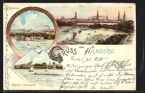 Lithographie Hamburg-Neustadt, Fährhaus Uhlenhorst, Alsterlust, Blick zur Alster, Dampfer, Ruderboote