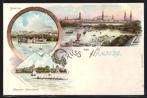 Lithographie Hamburg-Neustadt, Fährhaus Uhlenhorst, Alsterlust, Blick zur Alster, Dampfer, Ruderboote