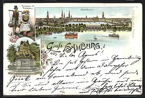Vorläufer-Lithographie Hamburg, 1894, Vierländer und Vierländerin, Alsterbassin, Kriegerdenkmal