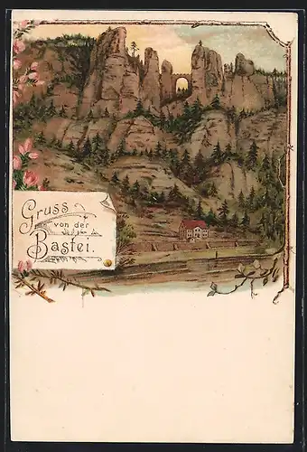Lithographie Bastei, Ortspartie mit Felswand