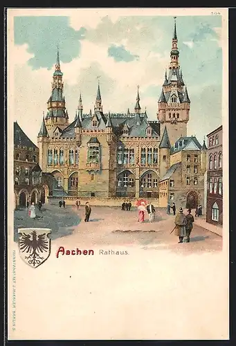 Lithographie Aachen, Passanten vor dem Rathaus