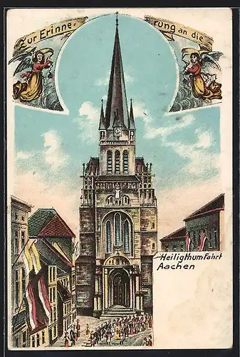 Lithographie Aachen, Andenken an die Heiligtumsfahrt, Gläubige vorm Dom