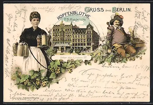 Lithographie Berlin, Blick auf Gaststätte Hopfenblüte von F. H. Rieprich, Unter den Linden 27