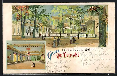 Lithographie Berlin-Tiergarten, Ansicht vom Ettablissement Zelt 4 von Chr. Demski