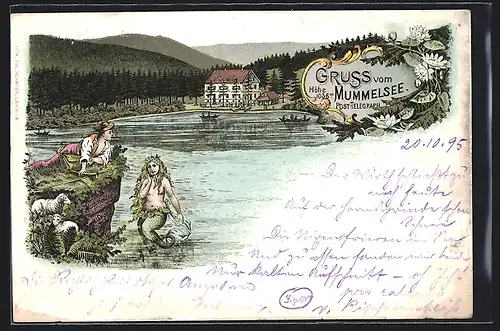 Vorläufer-Lithographie Mummelsee, 1895, Teilansicht mit einem Hirten und Nixe