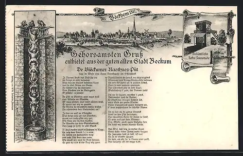 Künstler-AK Beckum, Teilansicht, Die künstliche Rats-Sonnenuhr, Räuberleiter am Brunnen