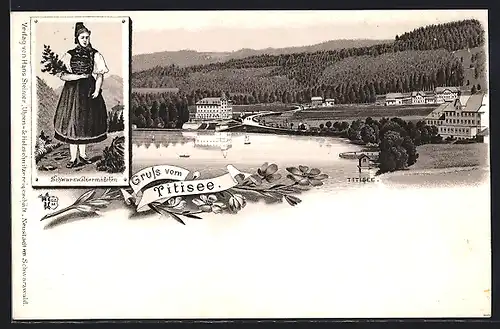 Lithographie Titisee, Teilansicht, Schwarzwaldmädchen