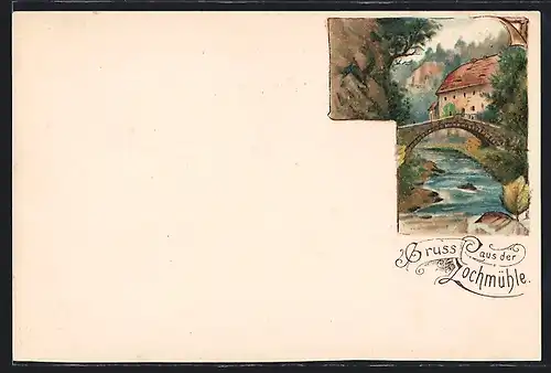 Lithographie Lochmühle, Uferpartie mit Brücke