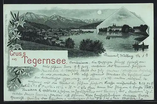 Mondschein-Lithographie Tegernsee, Schloss Tegernsee, Panorama