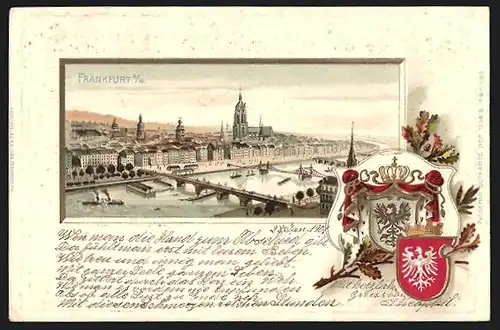 Passepartout-Lithographie Frankfurt /Main, Panorama mit den Mainbrücken, Wappen
