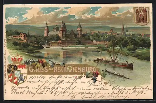 Künstler-AK Aschaffenburg, Uferpartie mit Schloss, Wappen